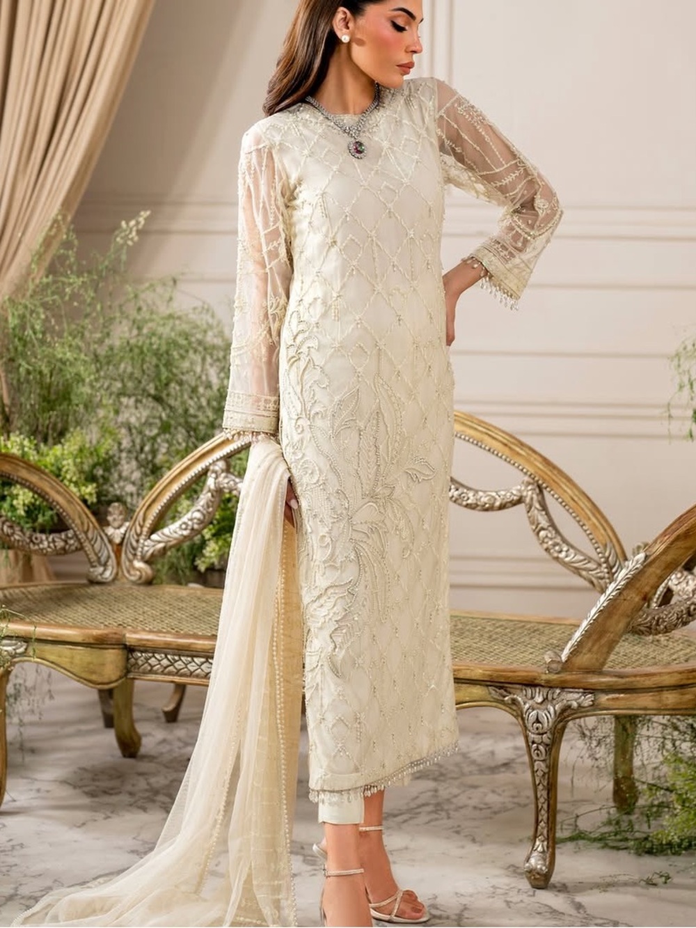 Elegant Long Sleeve Beaded Maxi Dress - Cream - Picture 5 of 7
